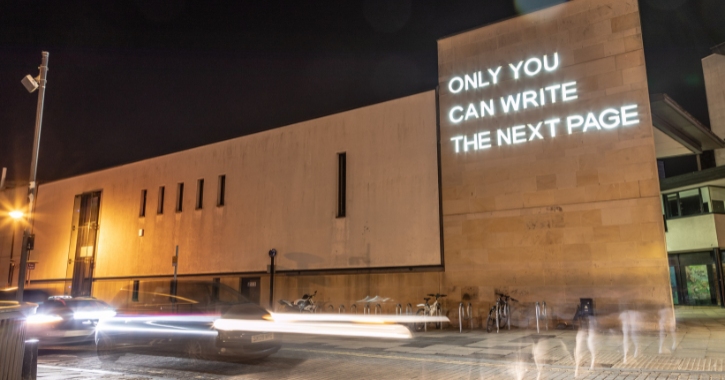 View of Lumiere Artwork The Next Page on Clayport Library Durham City.